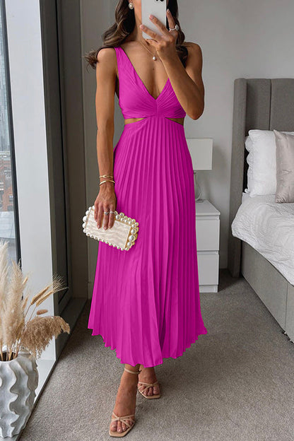 Evangeline | Cut Out Waist Deep V Neck Accordion Pleated Maxi Wedding Guest Dress