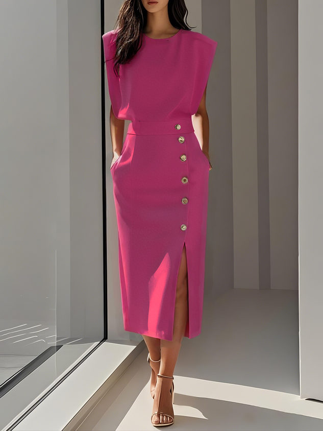 Quinn | Structured Shoulder Sleeveless Button Detail Midi Elegant Dress