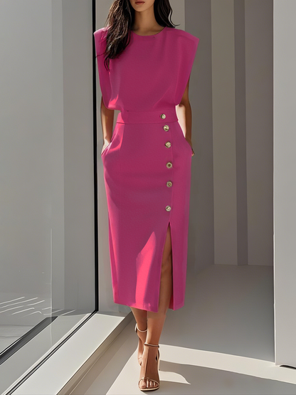 Quinn | Structured Shoulder Sleeveless Button Detail Midi Elegant Dress