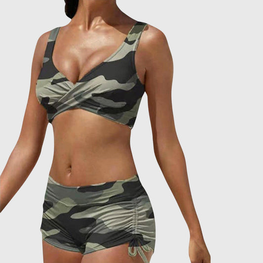 Freya | Camo Two Piece Swimsuit Wrap Crop Top Shorts