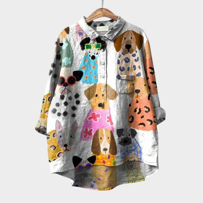 Milla | Long Sleeve Dog Print Collared Button Down Relaxed Blouse