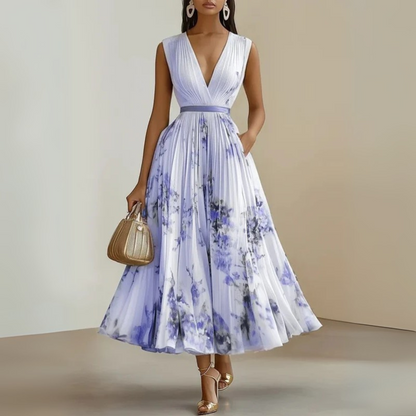 Aurora | Sleeveless Deep V Neck Floral Pleated Maxi Elegant Wedding Guest Dress