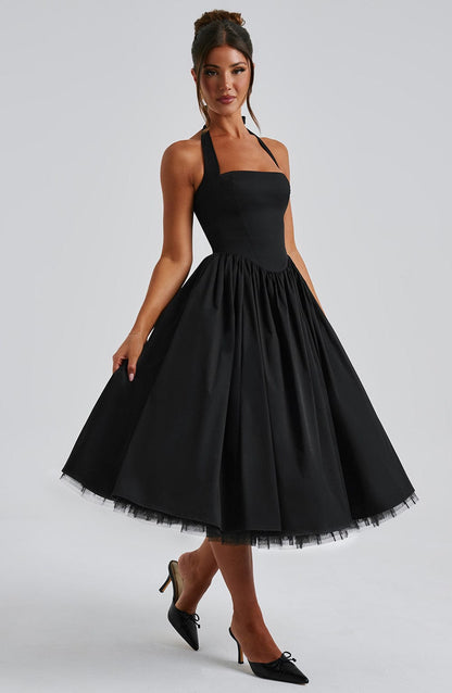 Chloe | Halter Tie Back Structured Bodice Voluminous Midi Wedding Guest Dress
