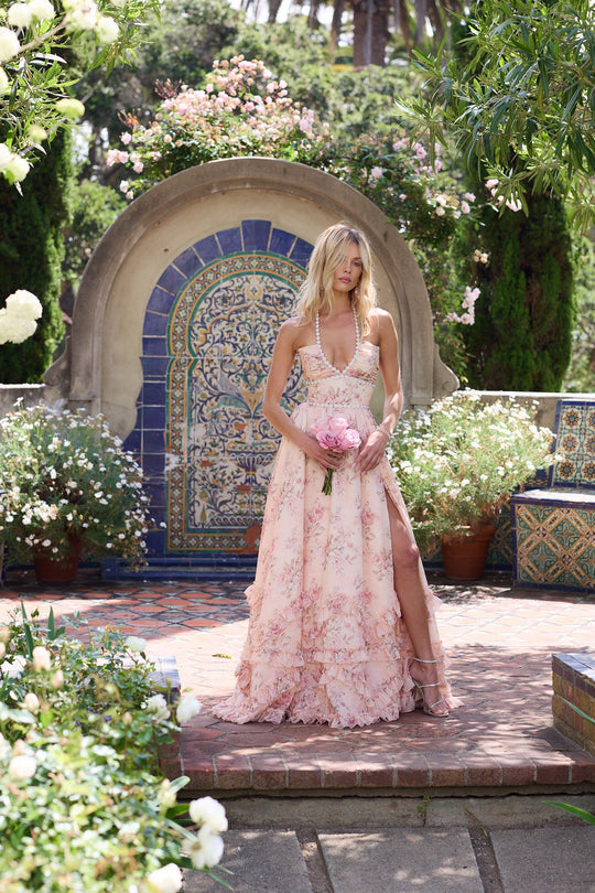 Alexa | Halter Neck Floral Corset Bodice Tiered Ruffle Flowing Maxi Wedding Guest Dress