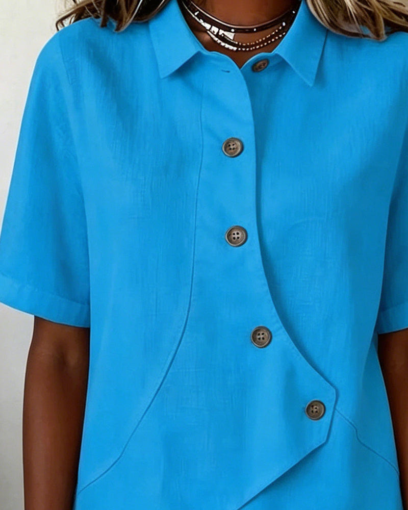 Marlowe | Women's Asymmetrical Placket Button Down Linen Blend Shirt