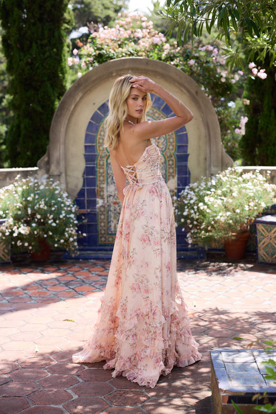 Alexa | Halter Neck Floral Corset Bodice Tiered Ruffle Flowing Maxi Wedding Guest Dress