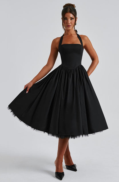 Chloe | Halter Tie Back Structured Bodice Voluminous Midi Wedding Guest Dress