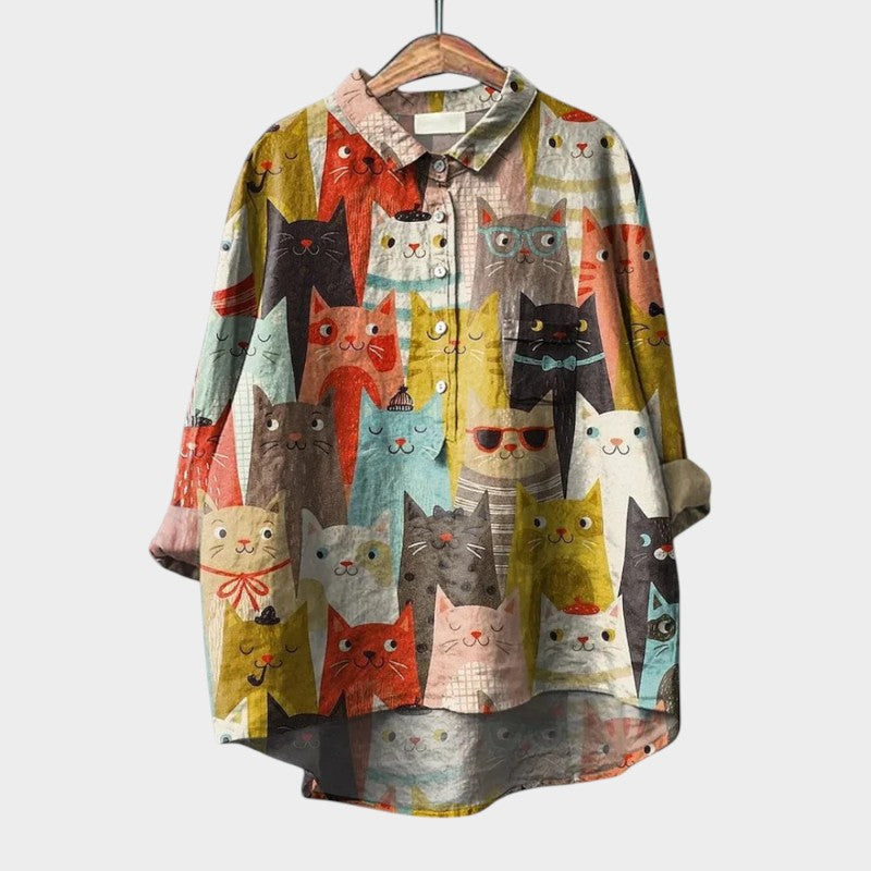 Milla | Long Sleeve Dog Print Collared Button Down Relaxed Blouse