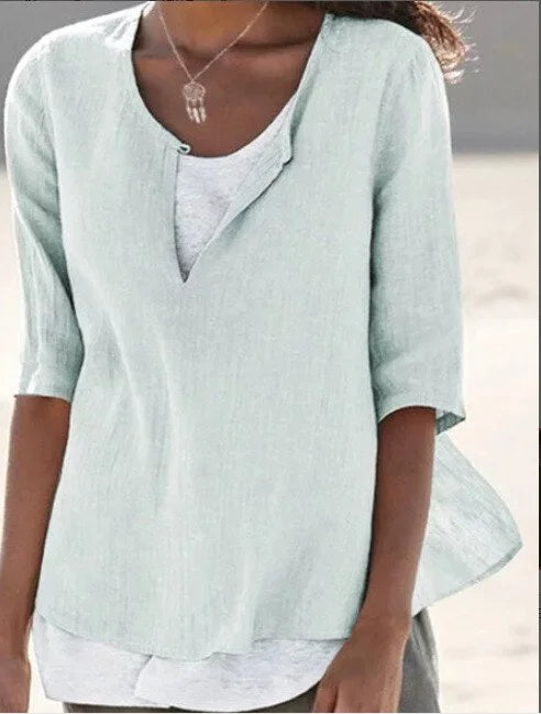 Maya | Linen Blend Split Neck 3/4 Sleeve Layered Hem Casual Top