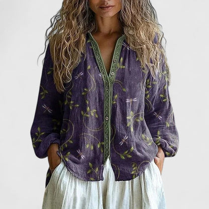 Mykayla | Long Sleeve V Neck Contrast Trim Boho Printed Linen Blouse