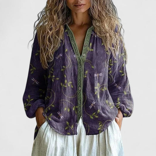 Mykayla | Long Sleeve V Neck Contrast Trim Boho Printed Linen Blouse