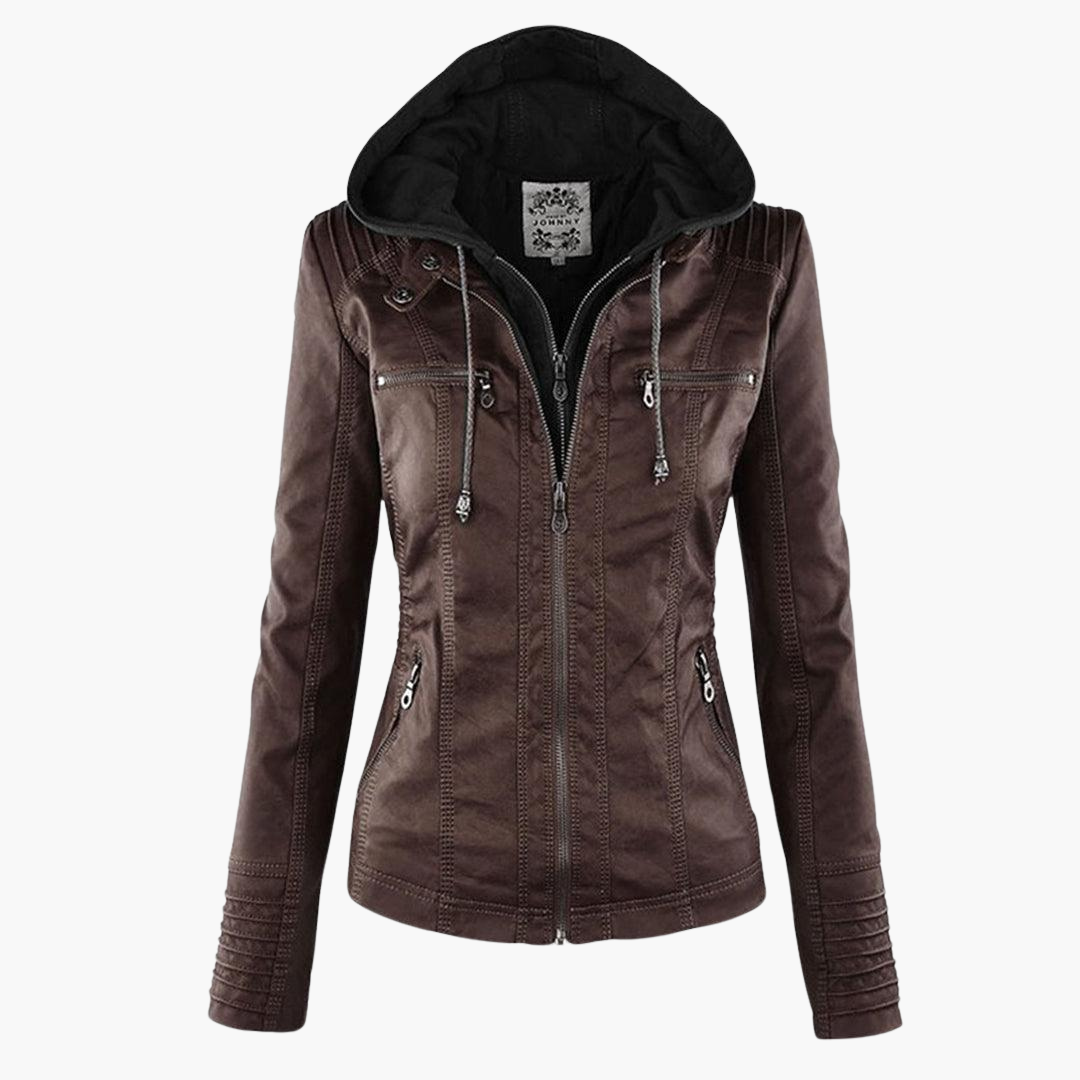 Harlow | Women's Faux Leather Hooded Zip-Up Moto Jacket