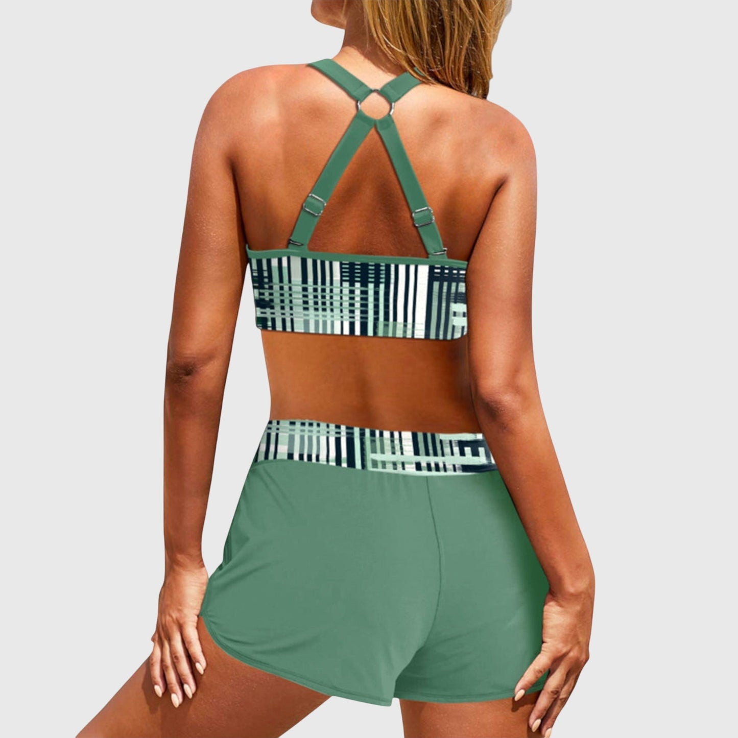 Janelle | Striped Print Halter Bikini Board Shorts Set
