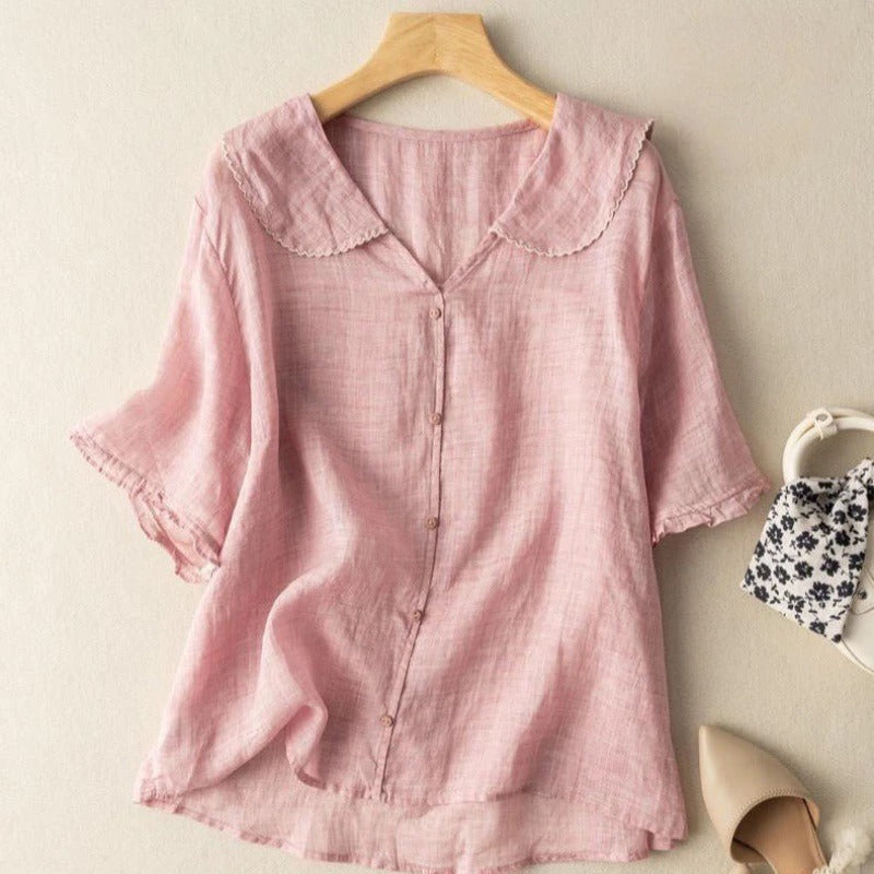 Vivian | Puff Sleeve Peter Pan Collar Cotton Linen Blend Blouse