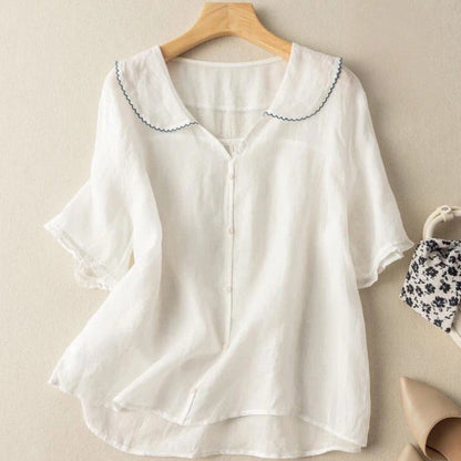 Vivian | Puff Sleeve Peter Pan Collar Cotton Linen Blend Blouse