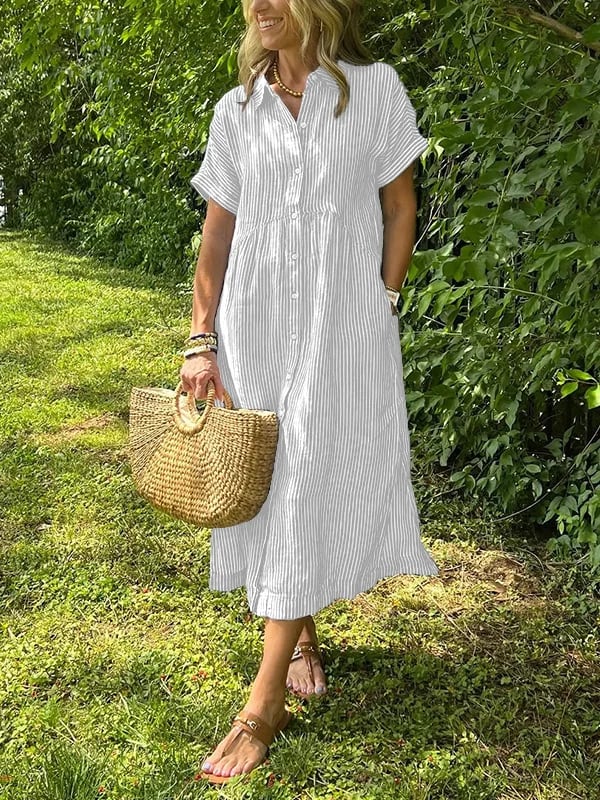 Brooke | Short Sleeve Striped Collared Button Up Casual Summer Midi Dress