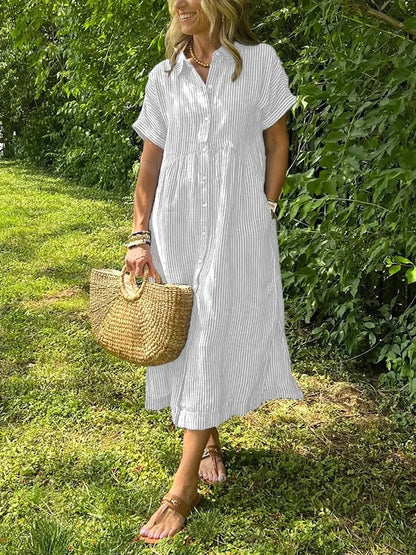 Brooke | Short Sleeve Striped Collared Button Up Casual Summer Midi Dress