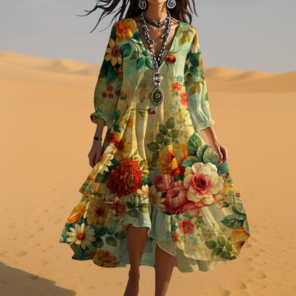 Flora | 3/4 Sleeve Floral V Neck Tiered Boho Midi Dress