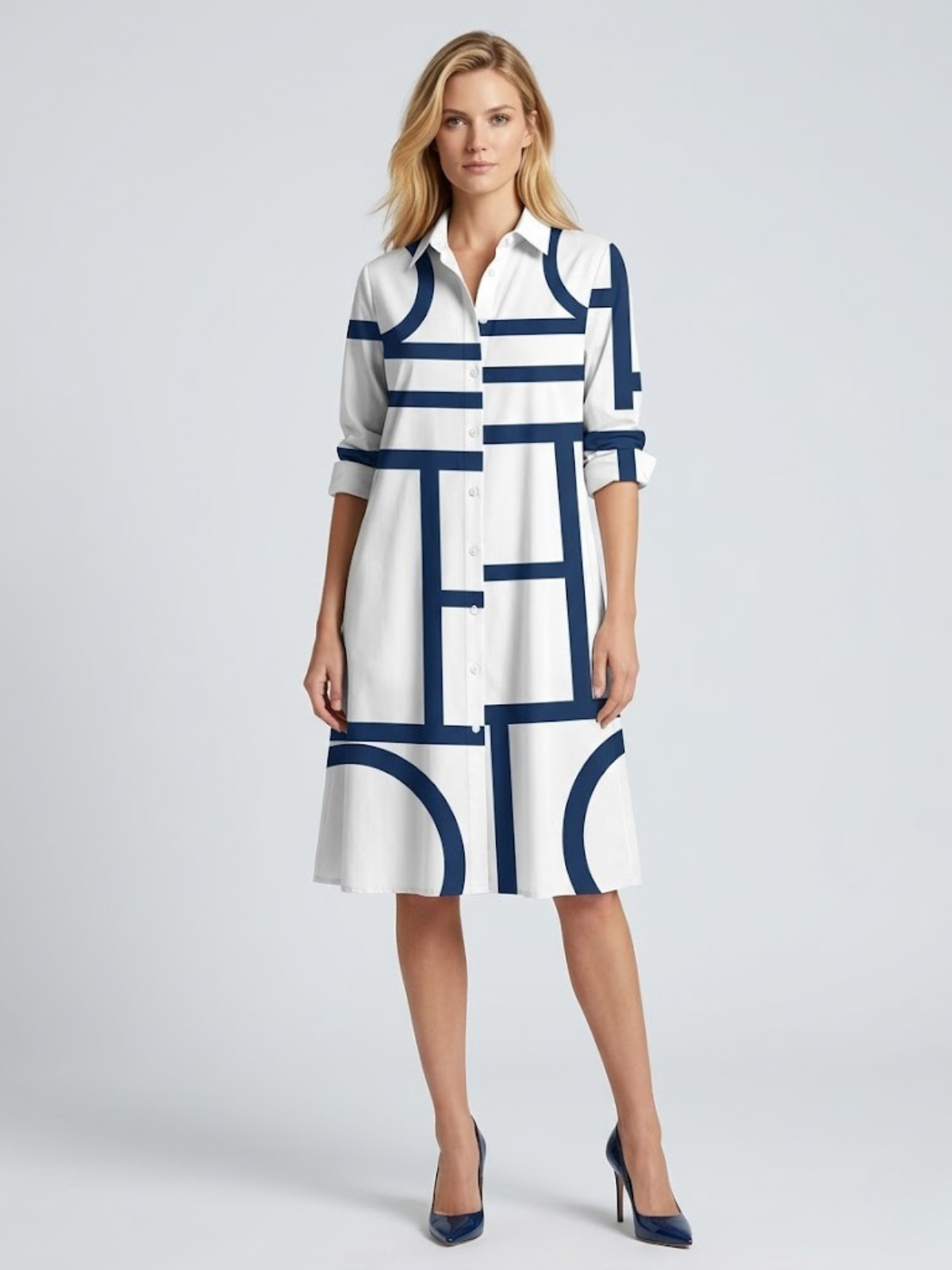 Blair | Geometric Print Button Front Shirt Midi Dress