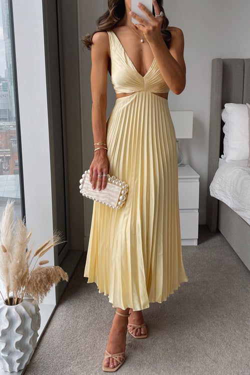 Evangeline | Cut Out Waist Deep V Neck Accordion Pleated Maxi Wedding Guest Dress