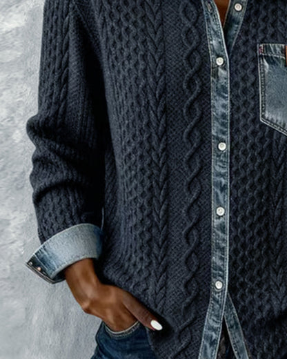 Marlowe | Women's Cable Knit Denim Trim Button Down Shirt
