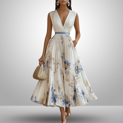 Aurora | Sleeveless Deep V Neck Floral Pleated Maxi Elegant Wedding Guest Dress