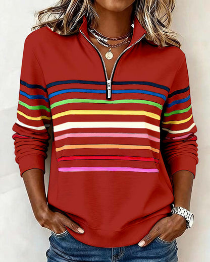 Remi | Multicolor Stripe Quarter Zip Stand Collar Casual Sweatshirt