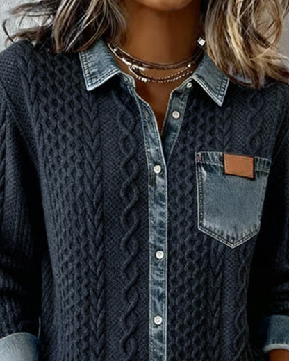 Marlowe | Women's Cable Knit Denim Trim Button Down Shirt