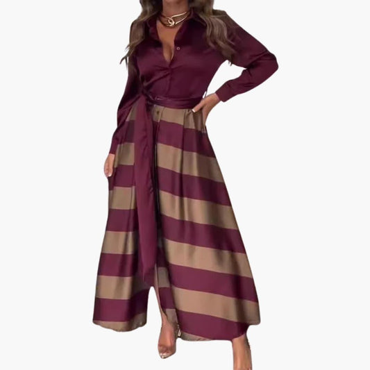 Seraphine | Women's Satin Collared Long Sleeve Striped Maxi Dress