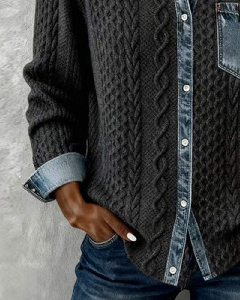 Marlowe | Women's Cable Knit Denim Trim Button Down Shirt