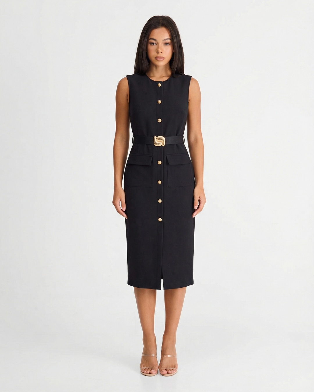 Kate | Sleeveless Button Front Tailored Office Midi Dress