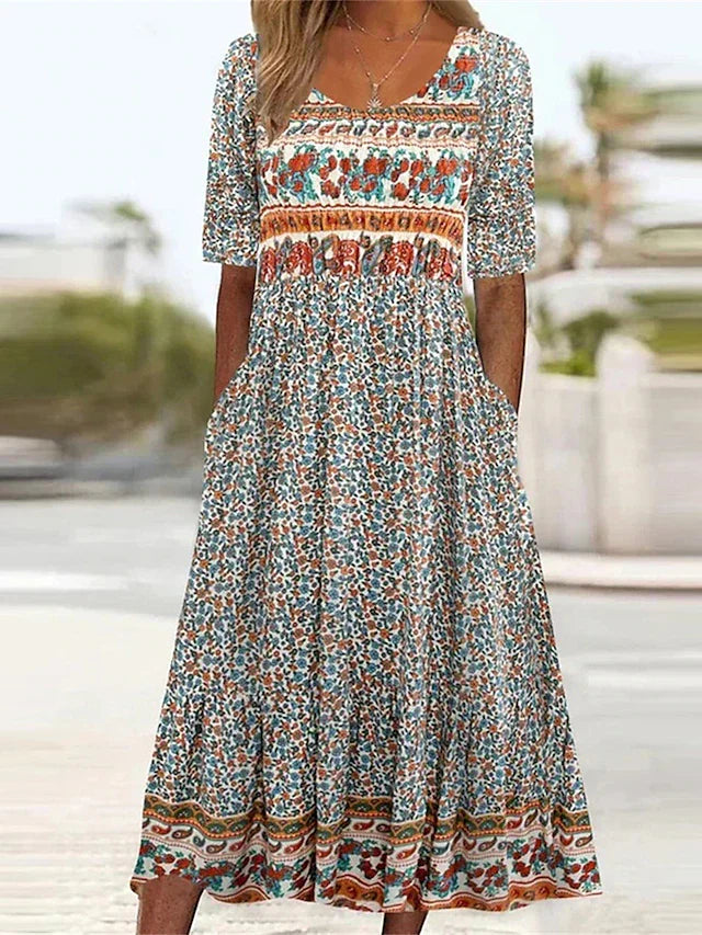 Abigail | Short Sleeve Square Neck Boho Print Relaxed Casual Midi Dress
