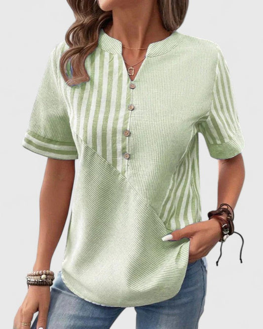 Gigi | Short Sleeve Striped Colorblock Stand Collar Casual Blouse