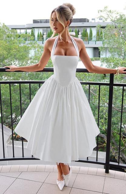 Chloe | Halter Tie Back Structured Bodice Voluminous Midi Wedding Guest Dress