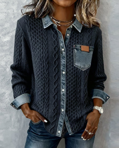 Marlowe | Women's Cable Knit Denim Trim Button Down Shirt