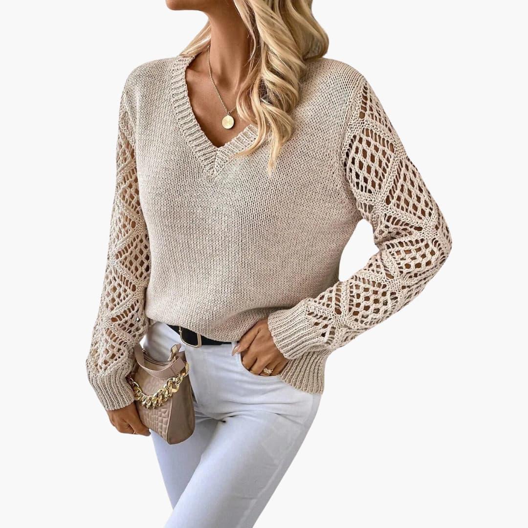 Marlowe | Women's Crochet Sleeve V-Neck Relaxed Knit Sweater