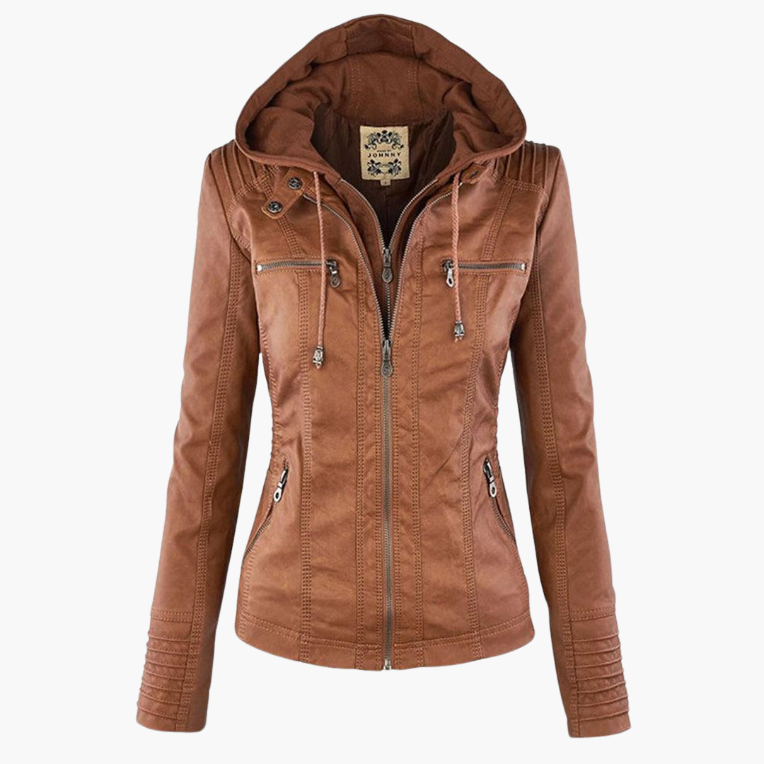 Harlow | Women's Faux Leather Hooded Zip-Up Moto Jacket