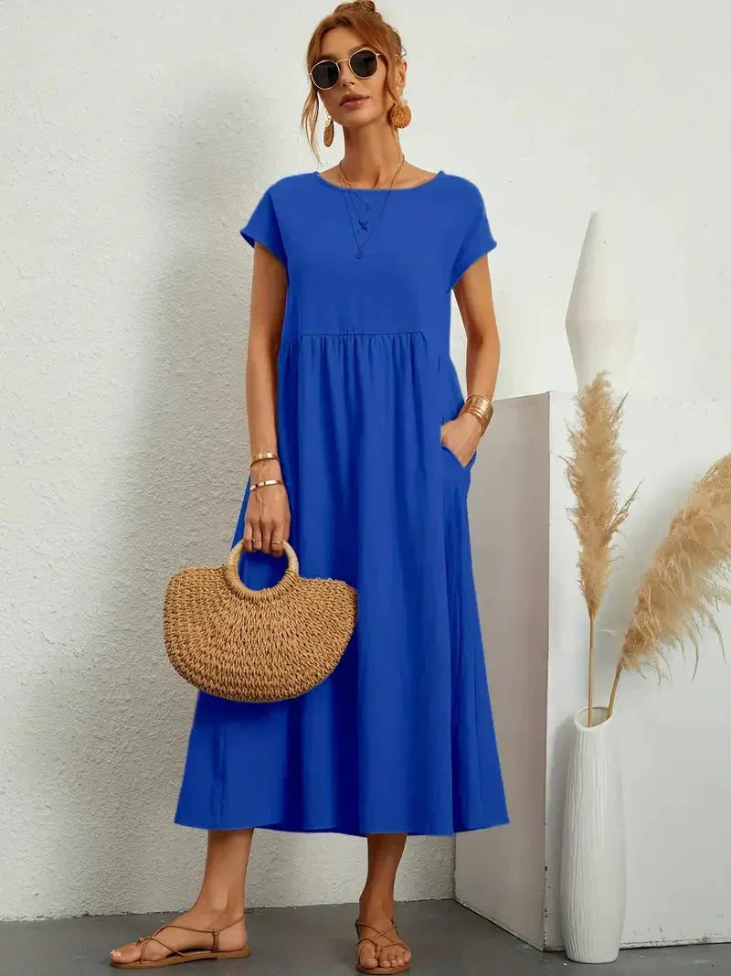 Sage | Short Sleeve Round Neck Gathered Waist Relaxed Maxi Dress