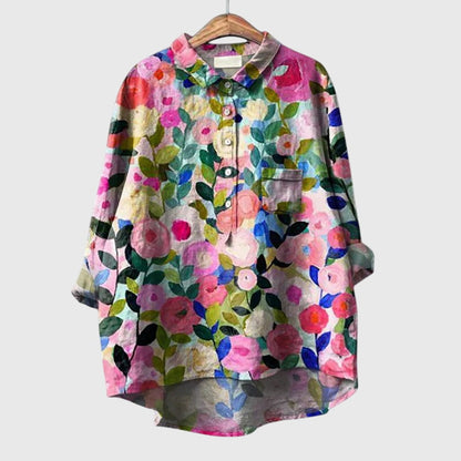 Elly | Floral Watercolor Long Sleeve Oversized Button Down Casual Blouse