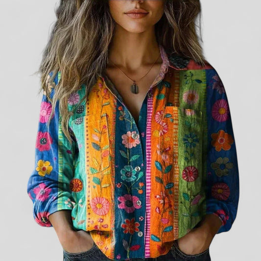 Lorenhilde | Floral Colorblock Long Sleeve Button Down Relaxed Boho Blouse