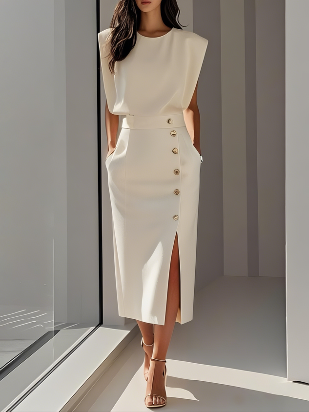 Quinn | Structured Shoulder Sleeveless Button Detail Midi Elegant Dress