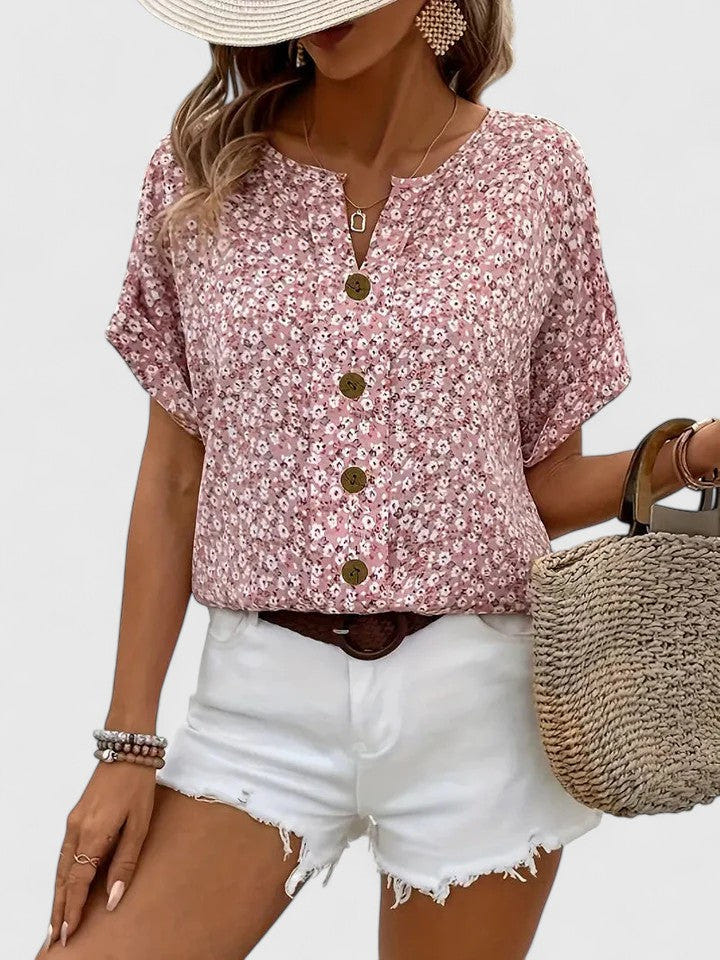 Sabine | Short Sleeve Floral Notch Neck Button Front Relaxed Casual Top