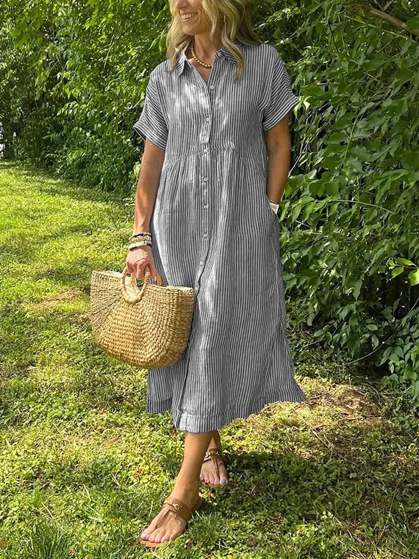Brooke | Short Sleeve Striped Collared Button Up Casual Summer Midi Dress