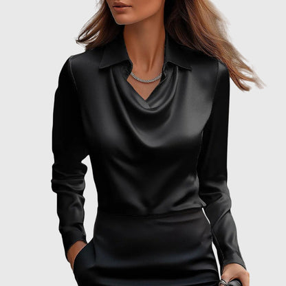 Brooklyn | Collared Cowl Neck Satin Long Sleeve Elegant Blouse