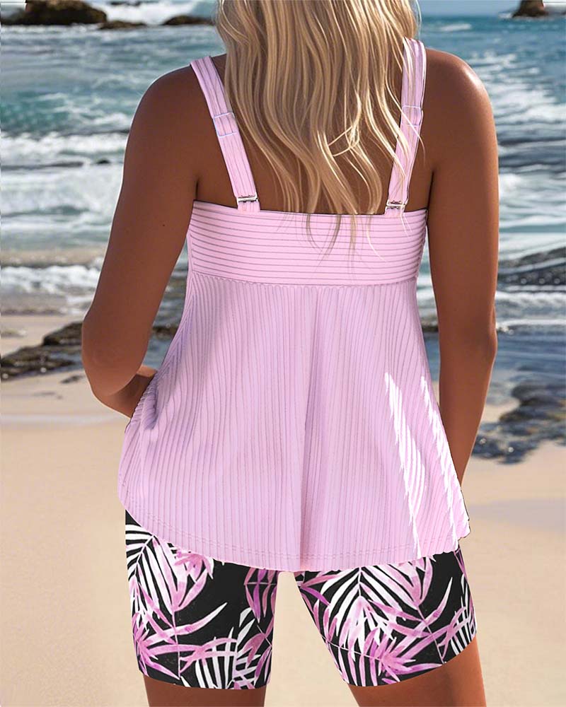 Colette | Tankini Set Tropical Print Shorts Ribbed Twist Front