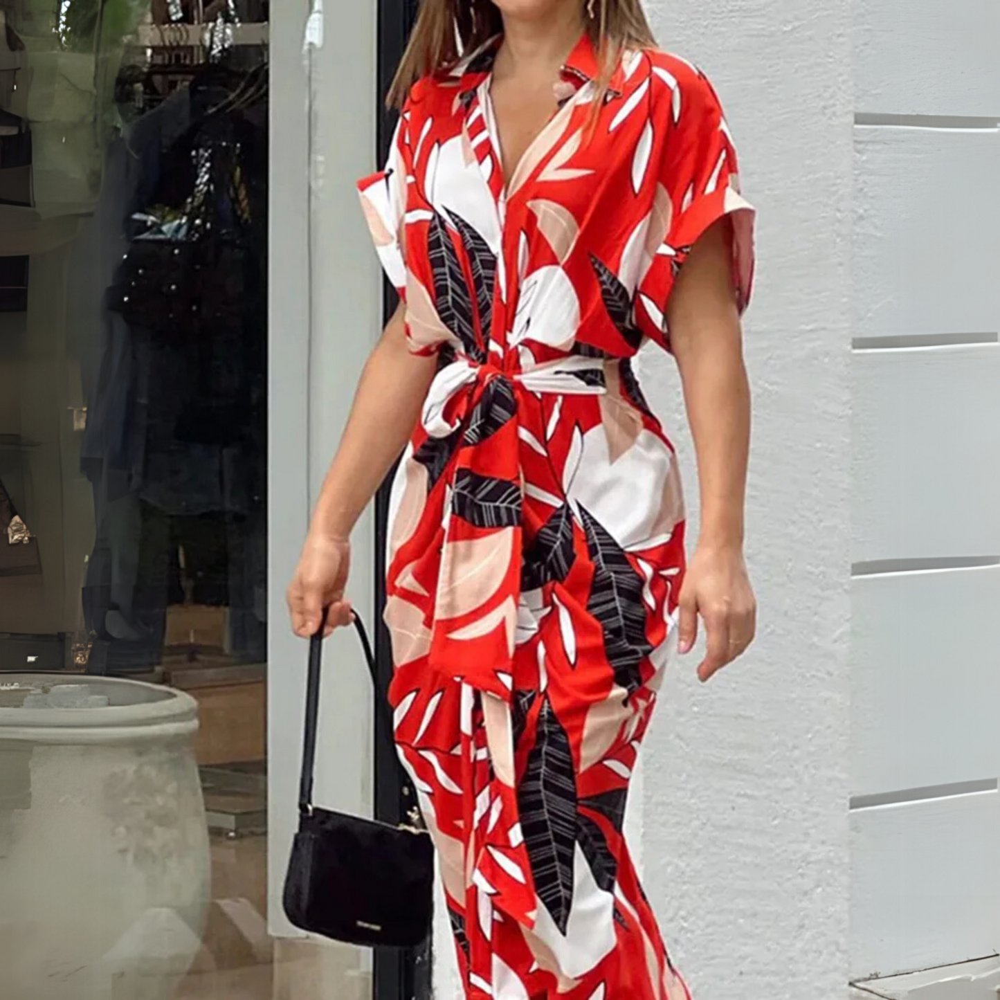 Addison | Collared Button Down Tie Waist Abstract Print Midi Dress