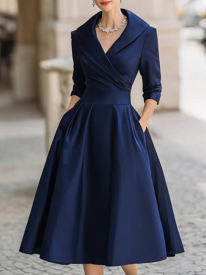 Reece | Satin A-Line Wrap Collar 3/4 Sleeve Midi Wedding Guest Dress