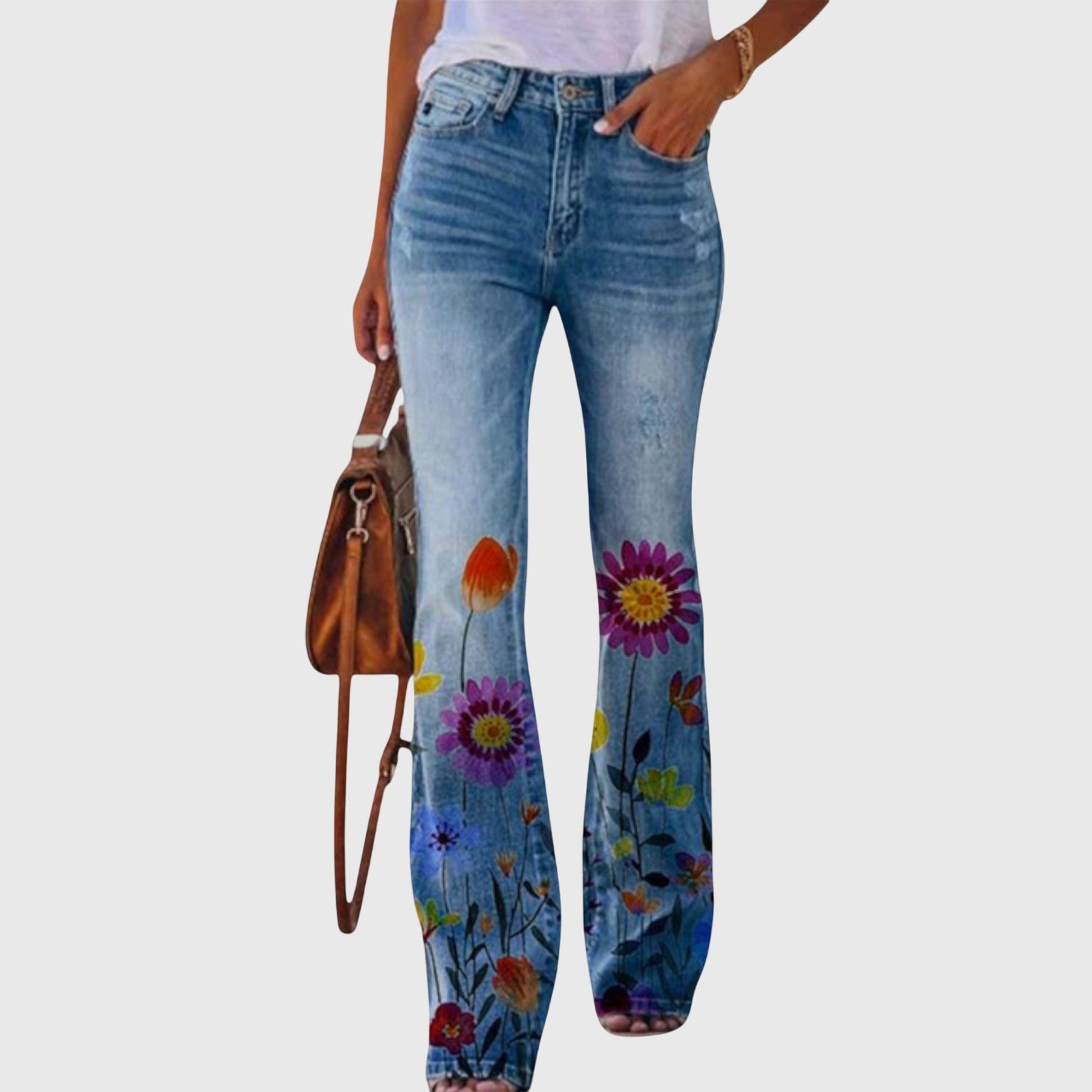 Fleur | Women's Floral Print High-Waisted Flared Jeans
