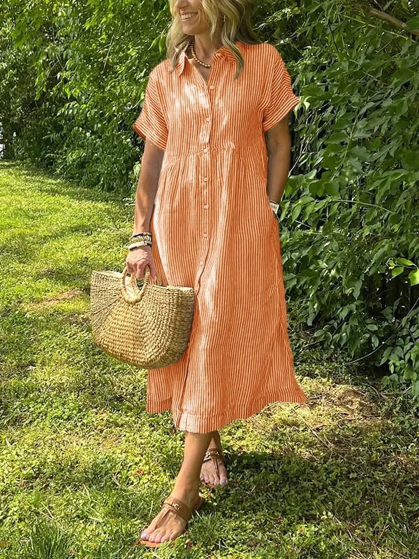 Brooke | Short Sleeve Striped Collared Button Up Casual Summer Midi Dress