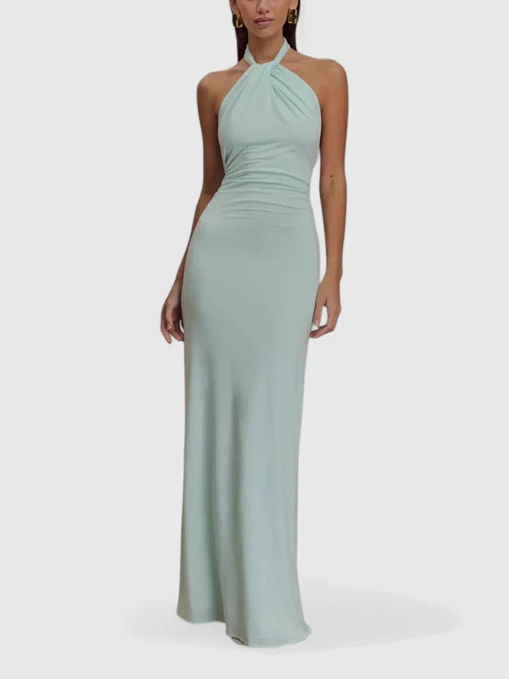 Vera | Twisted Halter Neck Ruched Open Back Bodycon Elegant Maxi Dress